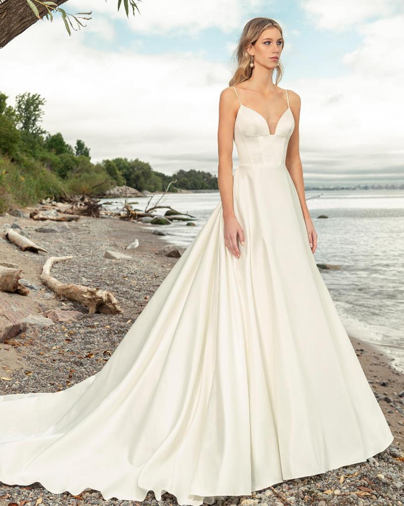La24130 classic satin a line wedding gown with spaghetti straps and pockets3